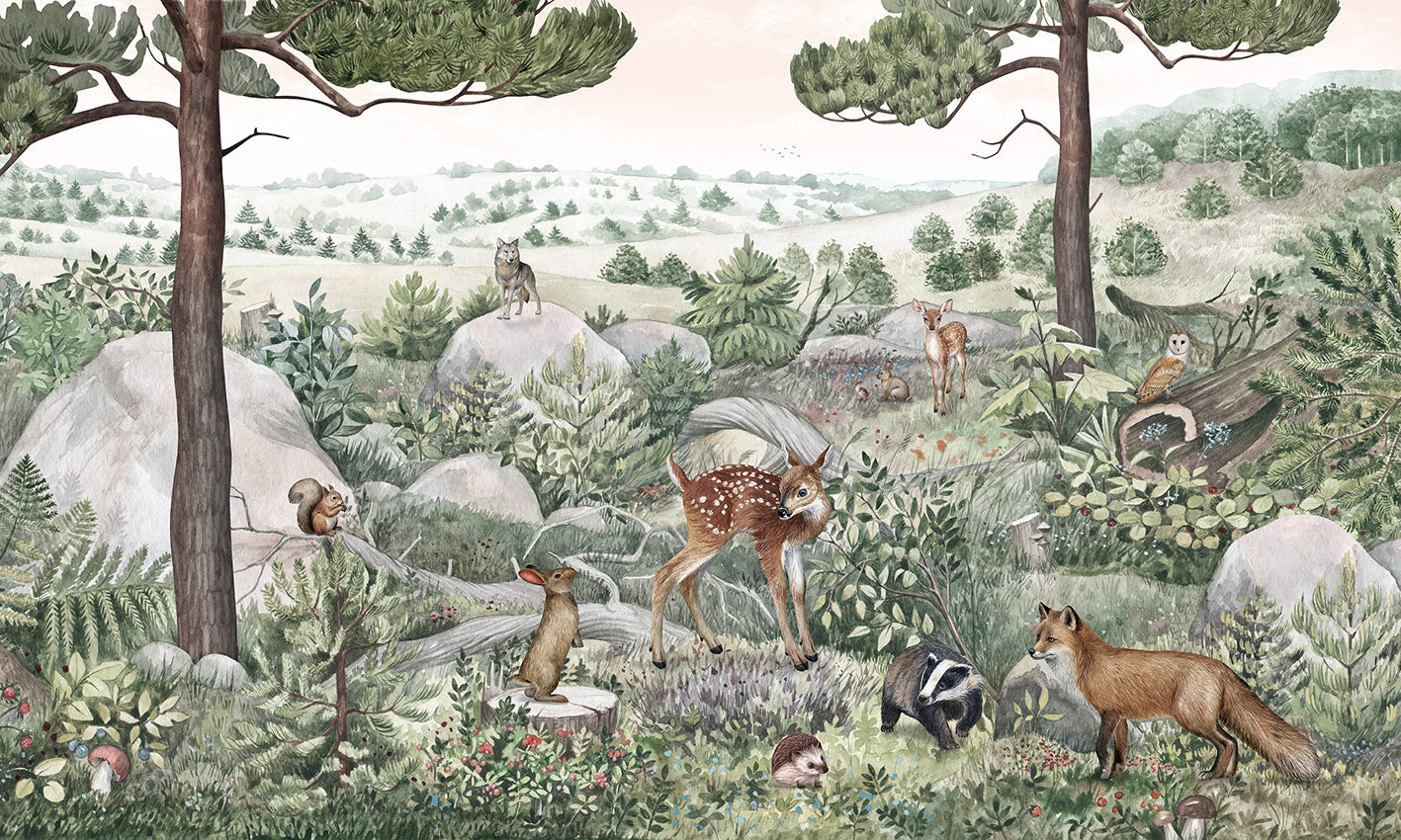 Papier Peint Panoramique Animaux de la Forêt Illustrée