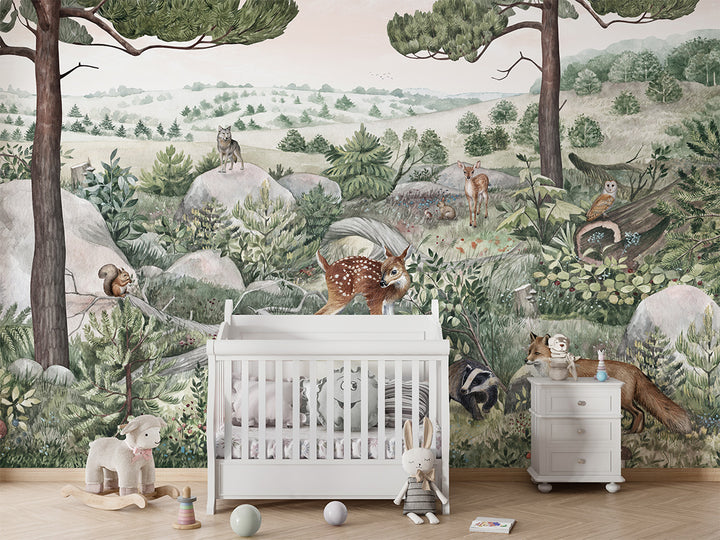 Papier Peint Panoramique Animaux de la Forêt Illustrée