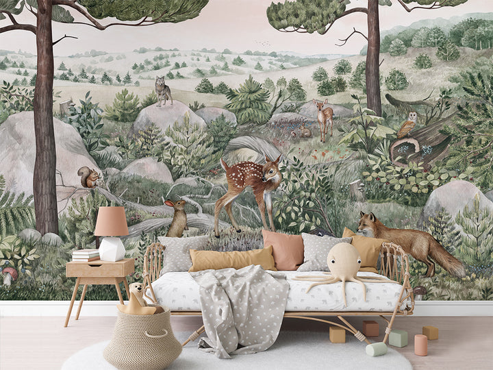 Papier Peint Panoramique Animaux de la Forêt Illustrée