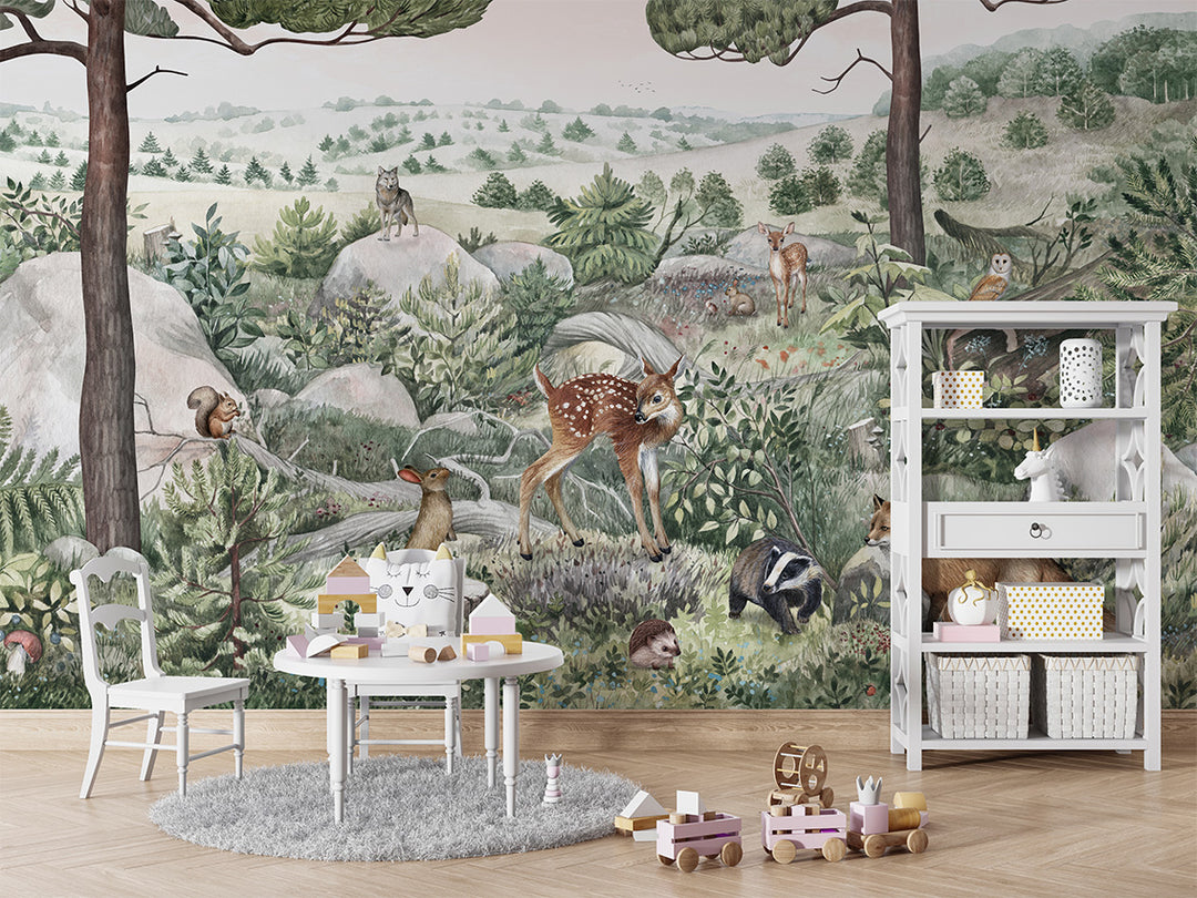 Papier Peint Panoramique Animaux de la Forêt Illustrée