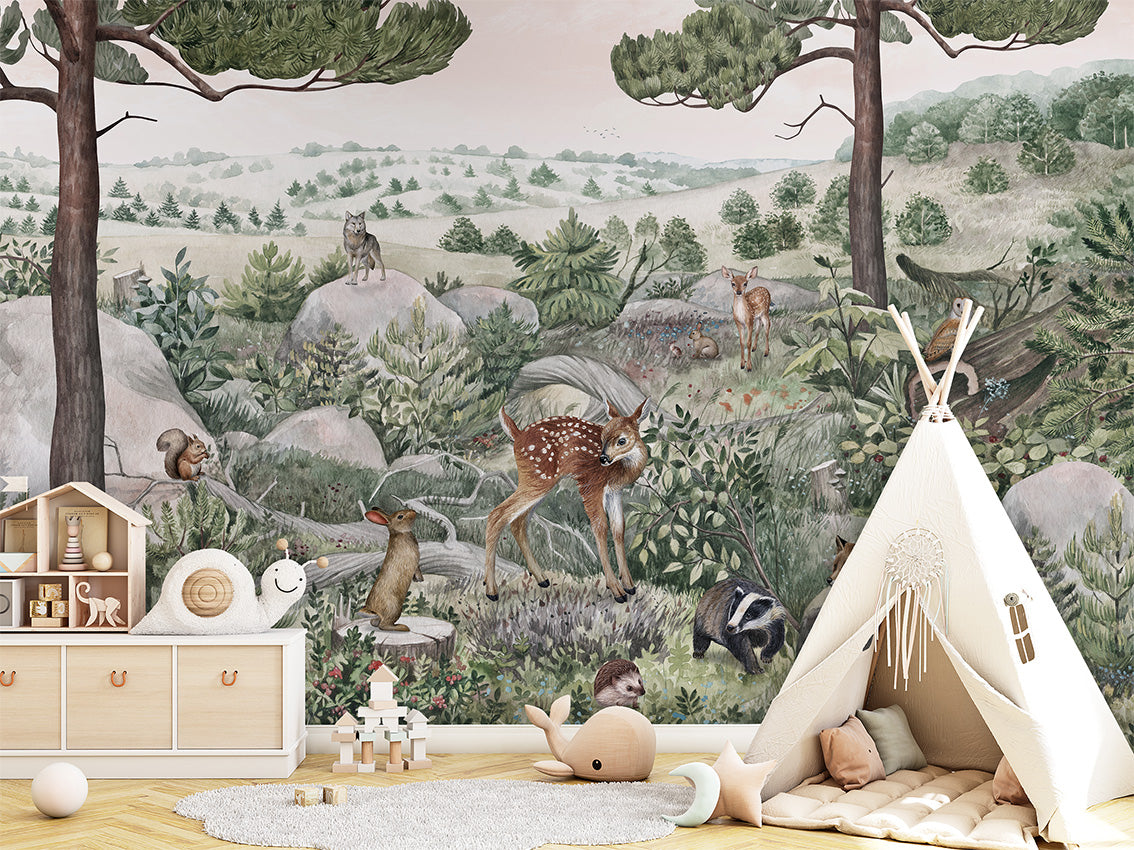 Papier Peint Panoramique Animaux de la Forêt Illustrée