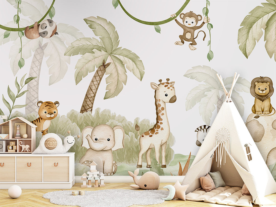 Papier Peint Panoramique Animaux de la Savane Bébé