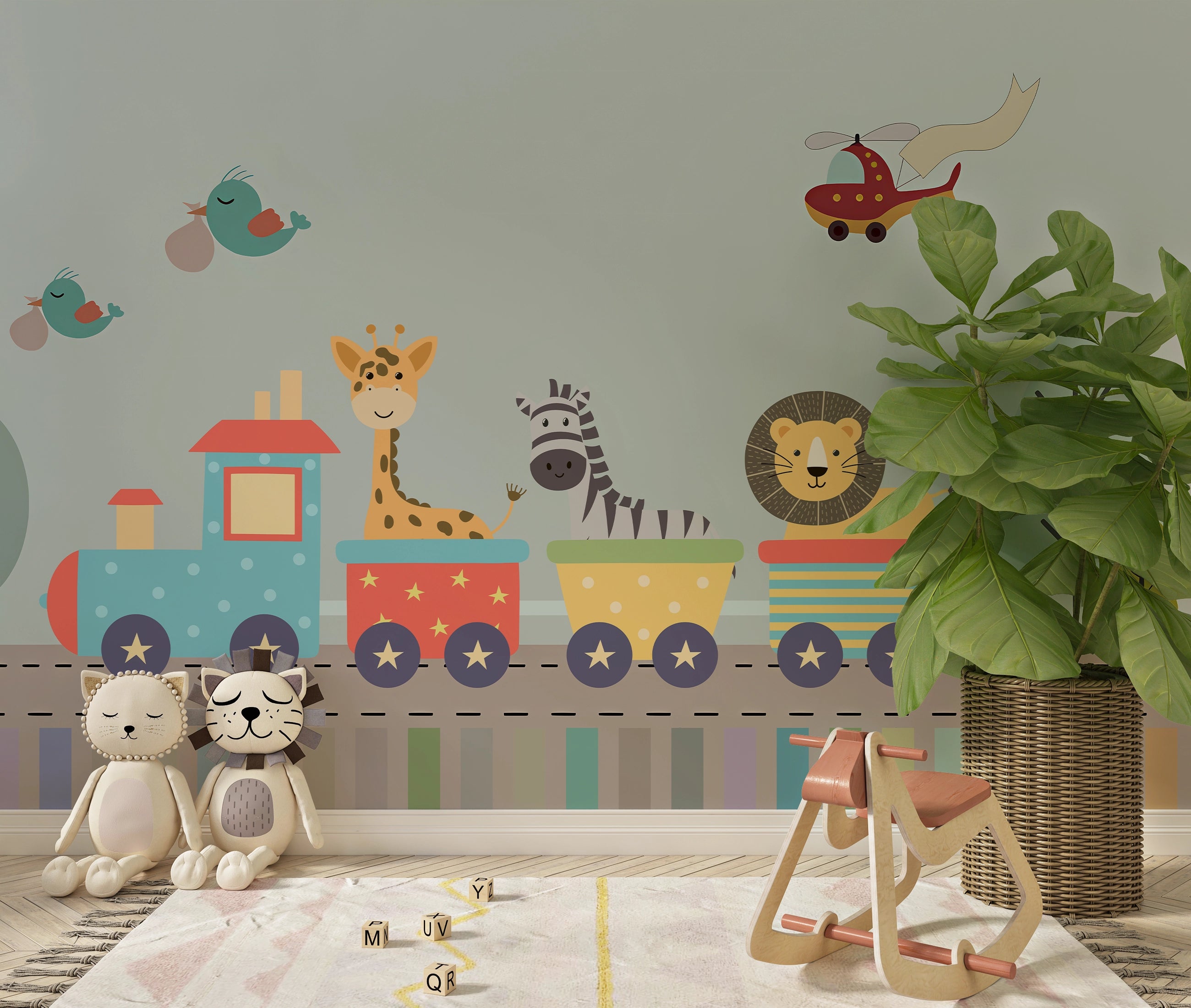 Panoramic Wallpaper Animals in a Little Train