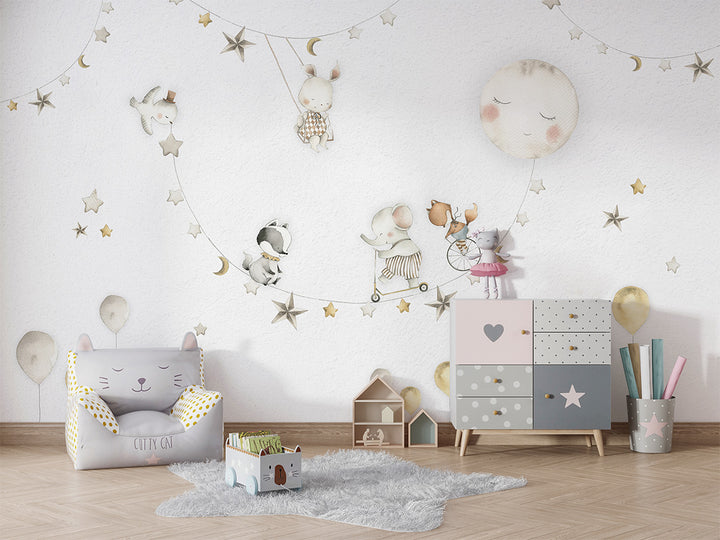Papier Peint Panoramique Animaux et Lune Poétique