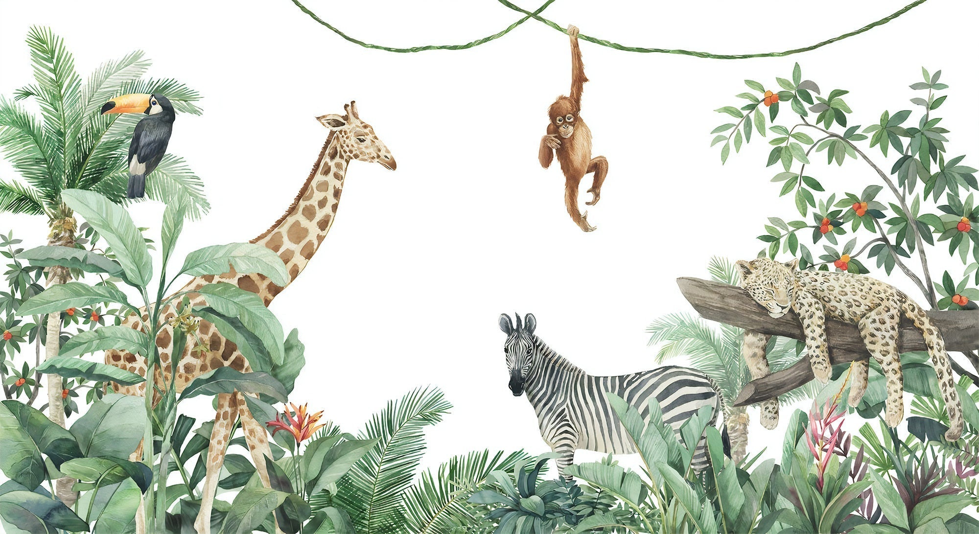 Tropical Jungle Animals Panoramic Wallpaper