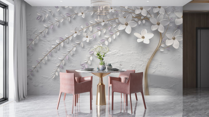 Papier peint panoramique arbre en fleur trompe-l'œil