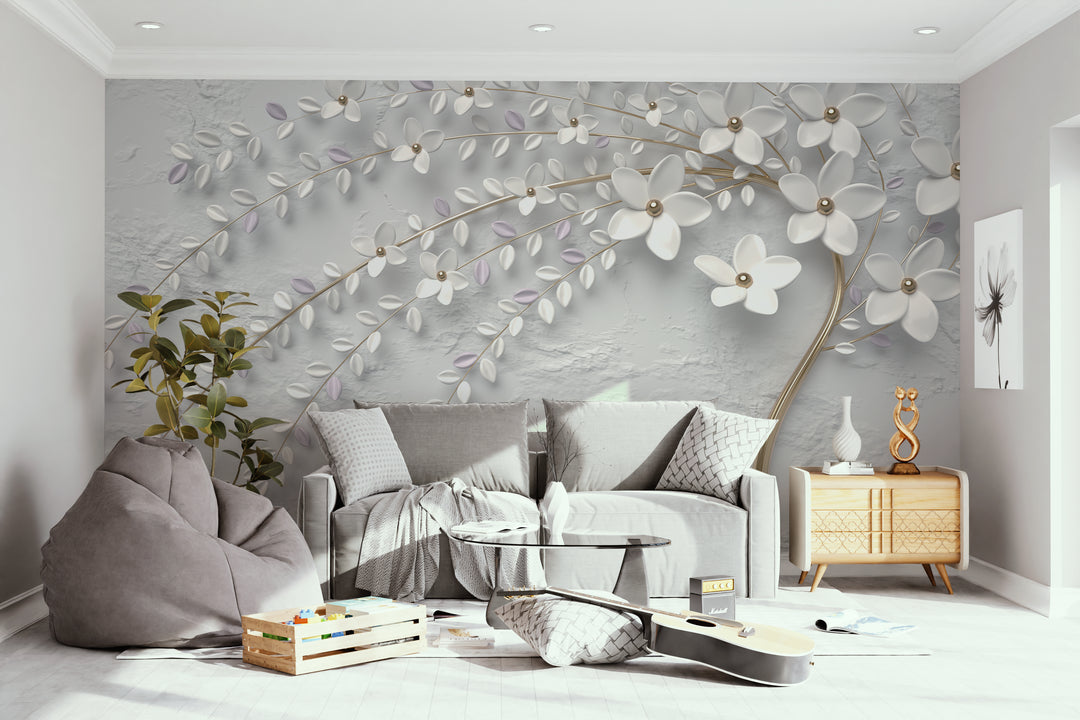 Papier peint panoramique arbre en fleur trompe-l'œil