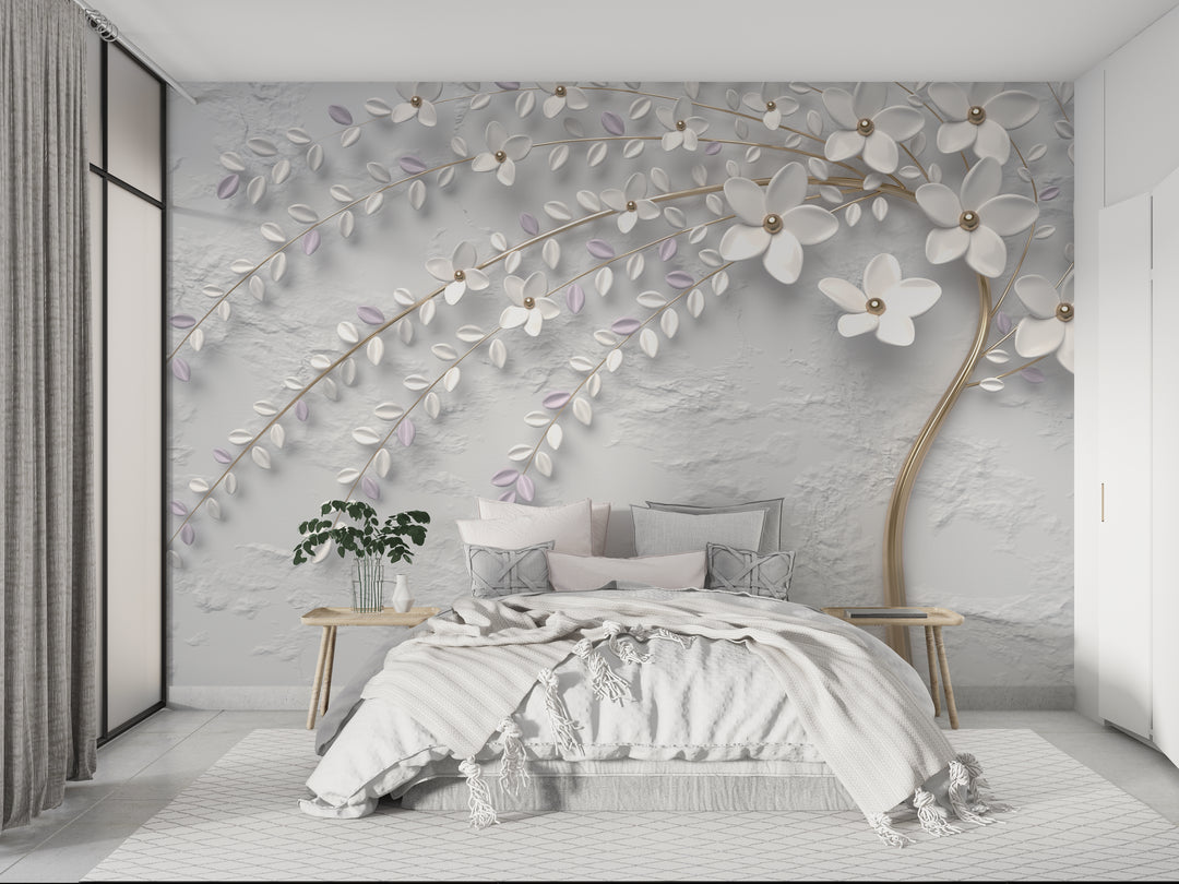 Papier peint panoramique arbre en fleur trompe-l'œil