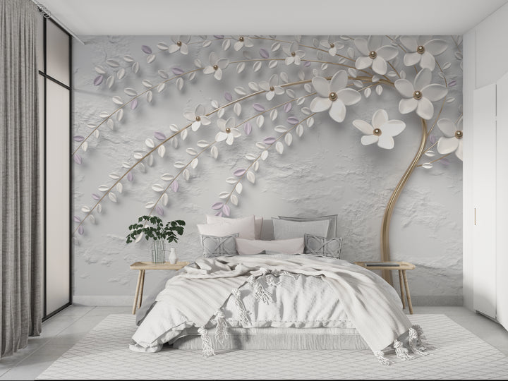 Papier peint panoramique arbre en fleur trompe-l'œil