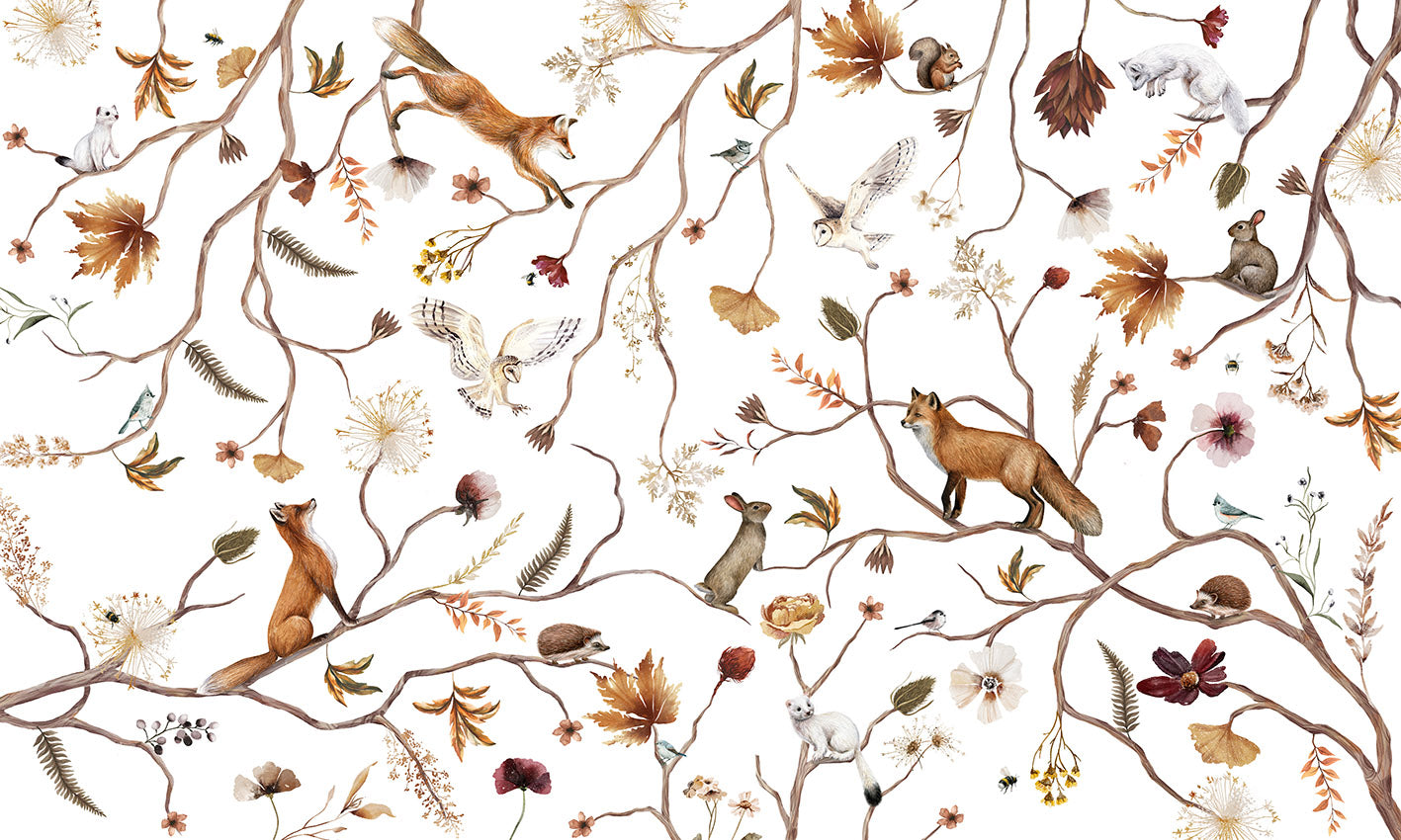 Papier Peint Panoramique Branches de Forêt et Animaux Poétiques