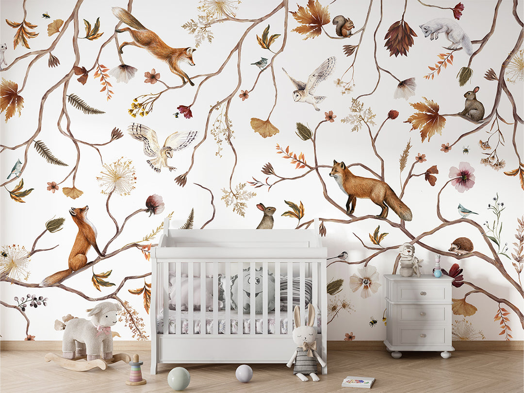 Papier Peint Panoramique Branches de Forêt et Animaux Poétiques