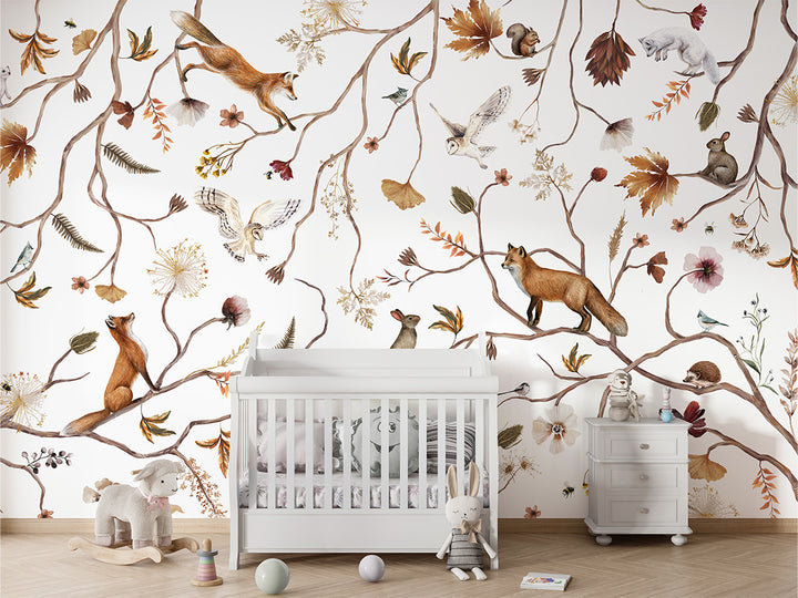 Papier Peint Panoramique Branches de Forêt et Animaux Poétiques