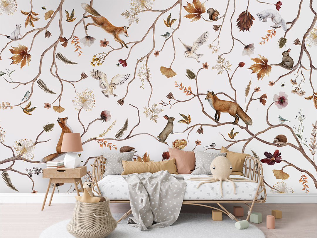 Papier Peint Panoramique Branches de Forêt et Animaux Poétiques