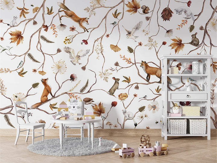 Papier Peint Panoramique Branches de Forêt et Animaux Poétiques