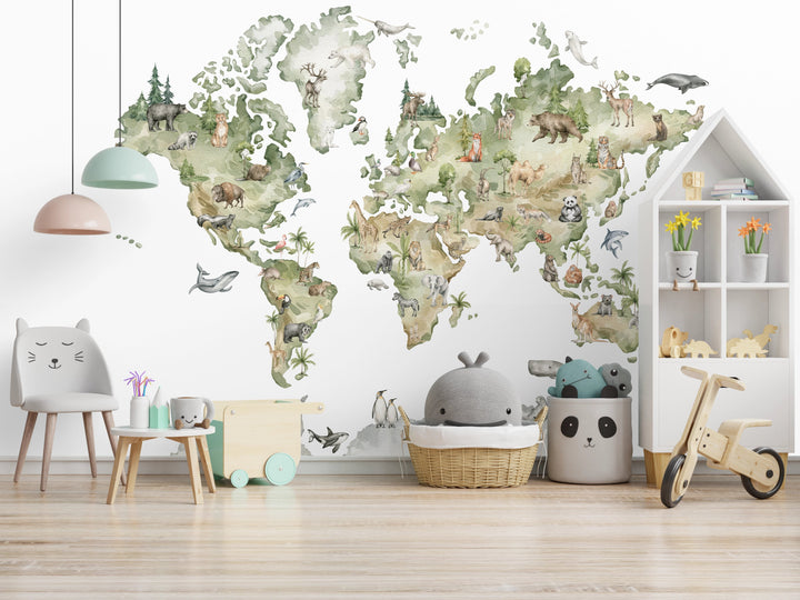 Papier peint panoramique carte du monde animaux - Kam et Léon