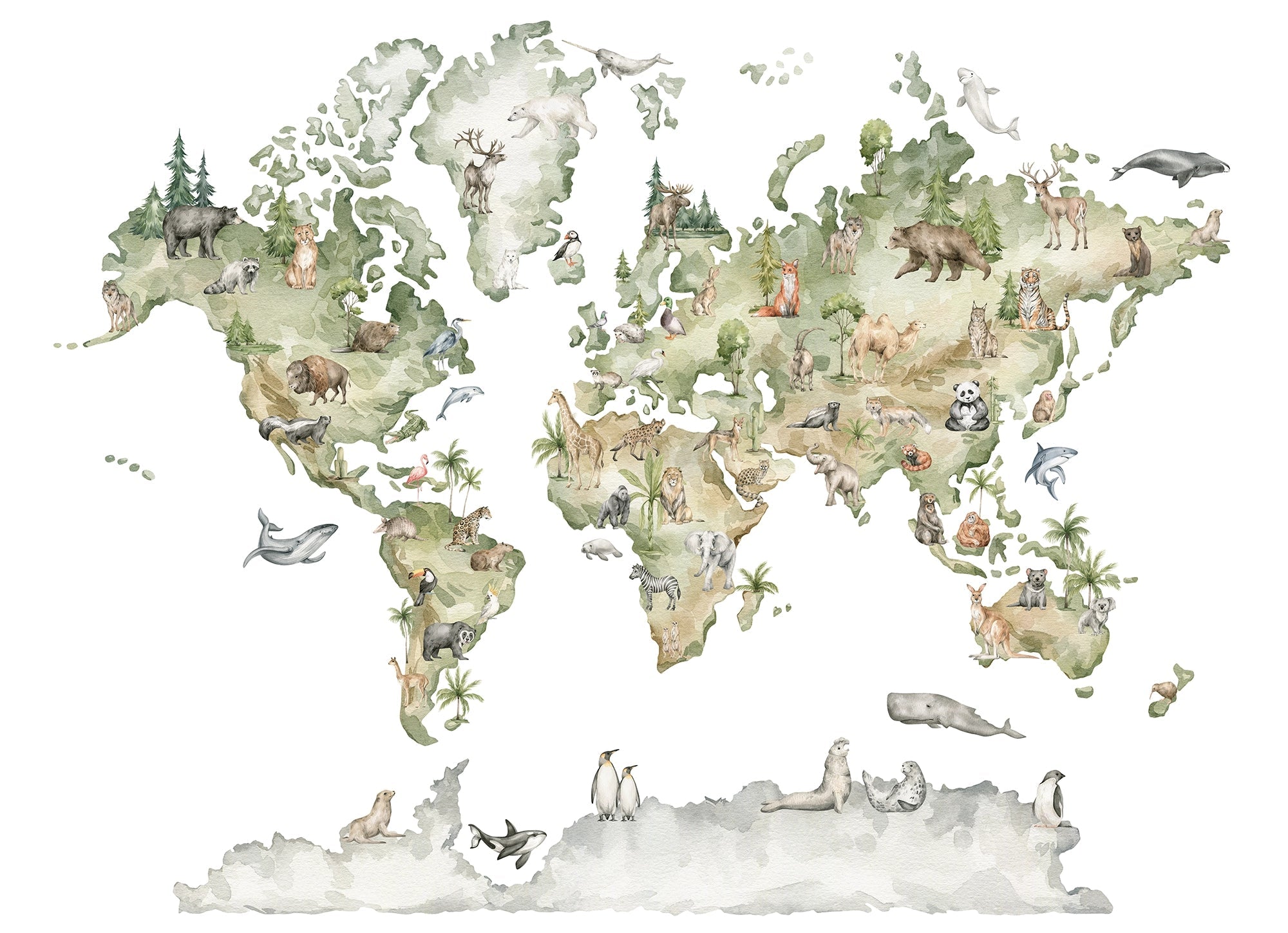 Papier peint panoramique carte du monde animaux - Kam et Léon