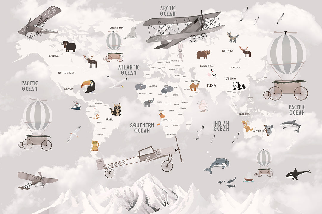 Panoramatapete Weltkarte, Flugzeuge und Tiere