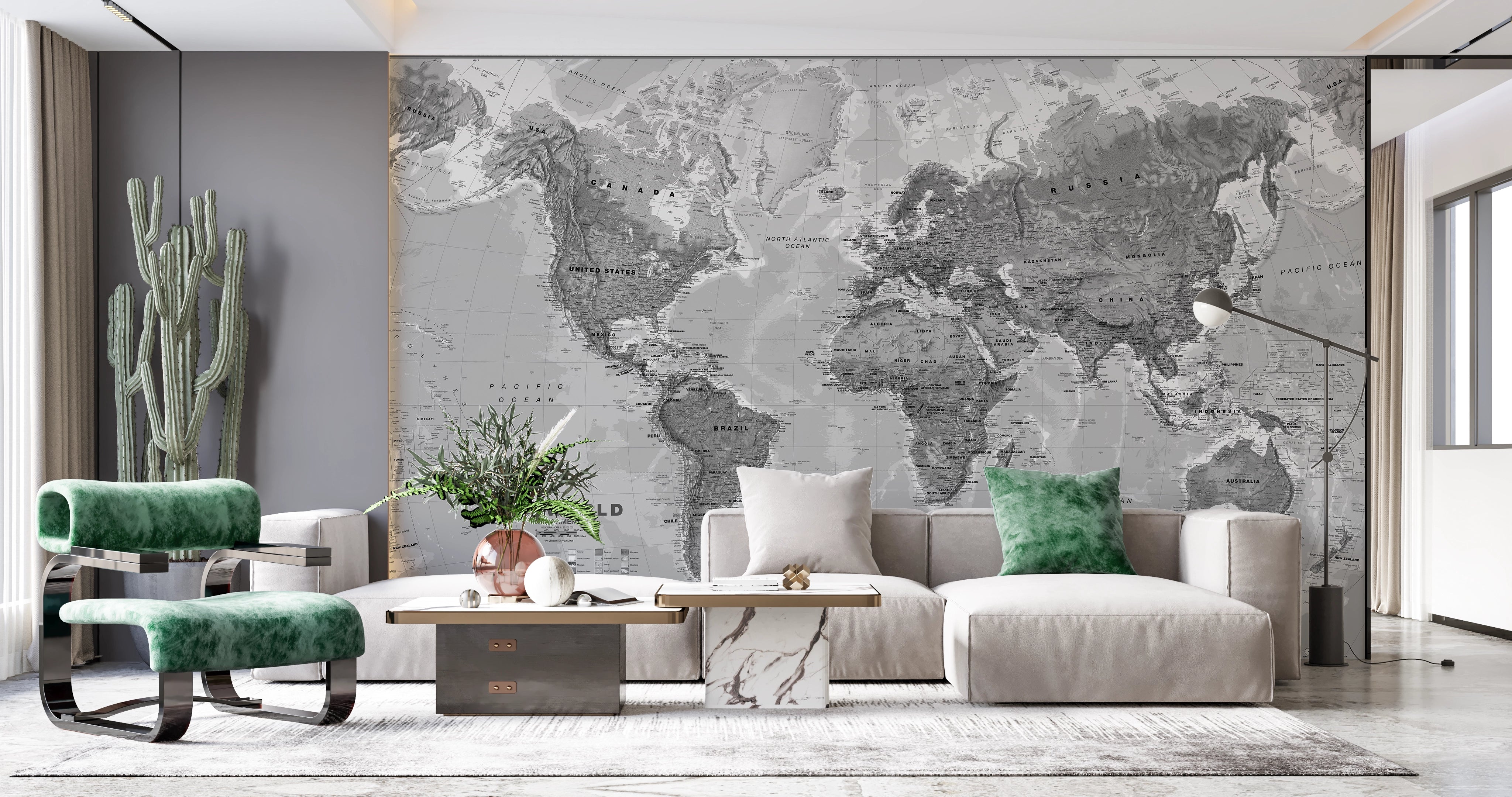 Grey world map panoramic wallpaper