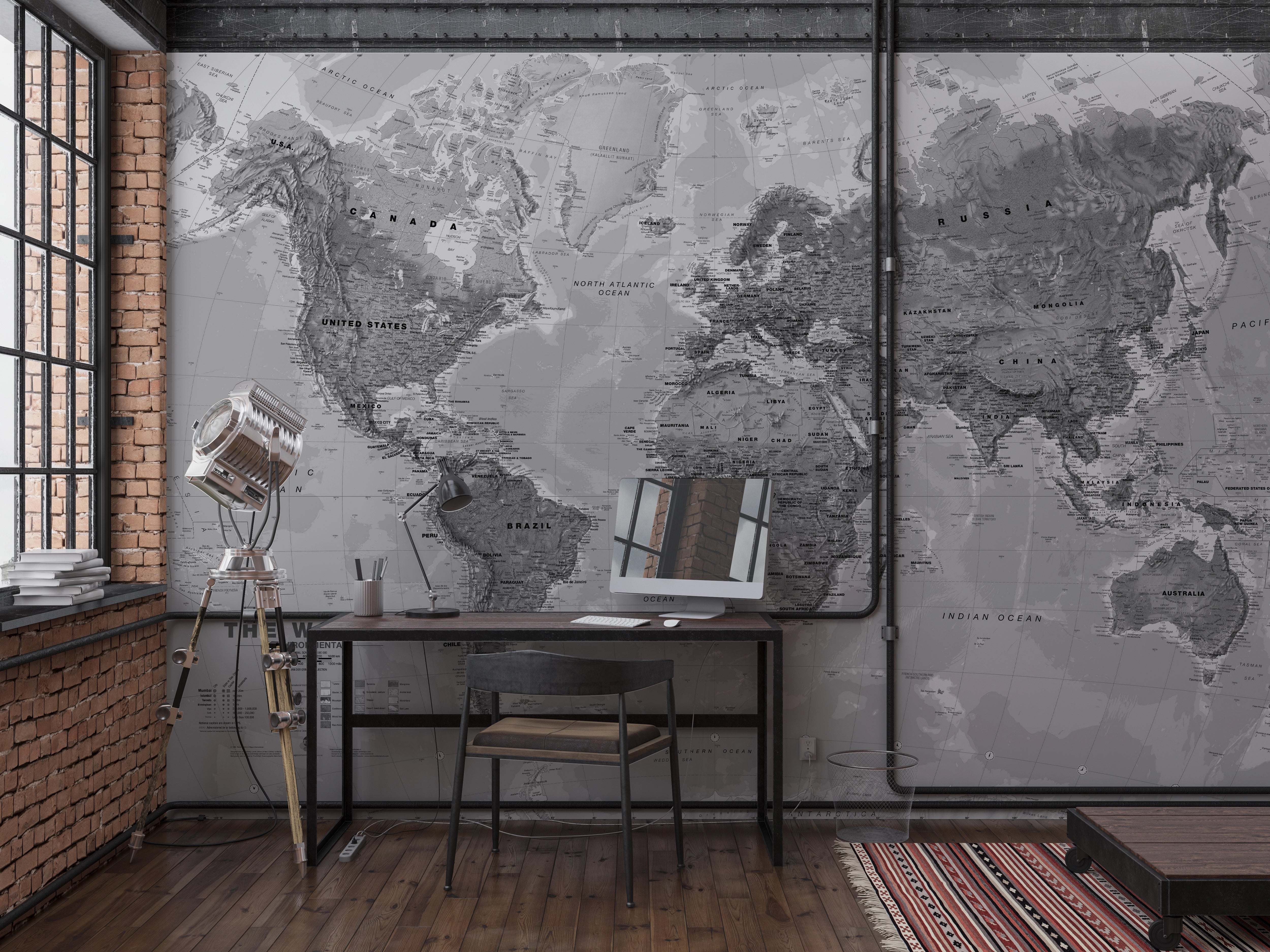 Grey world map panoramic wallpaper