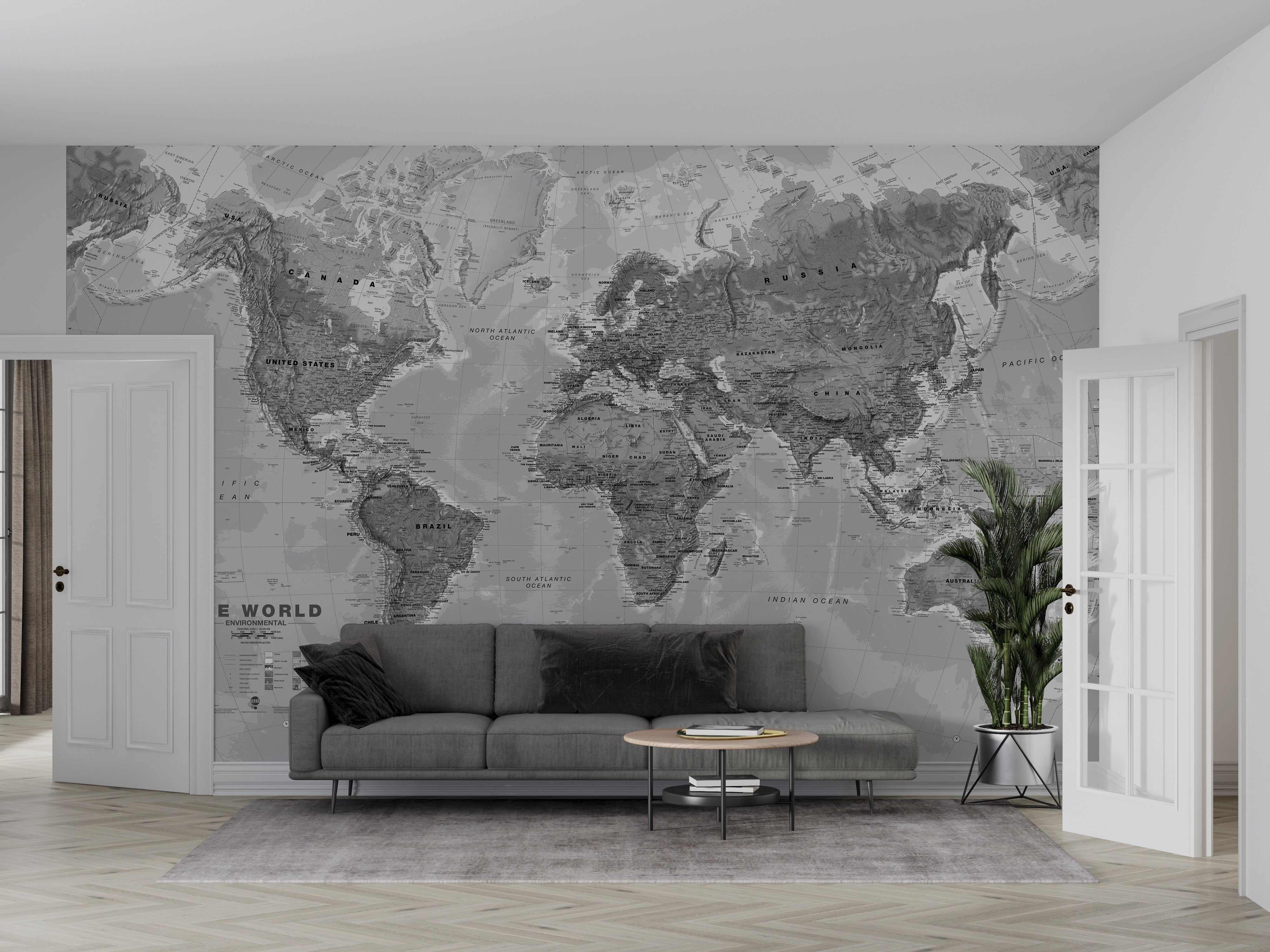 Grey world map panoramic wallpaper