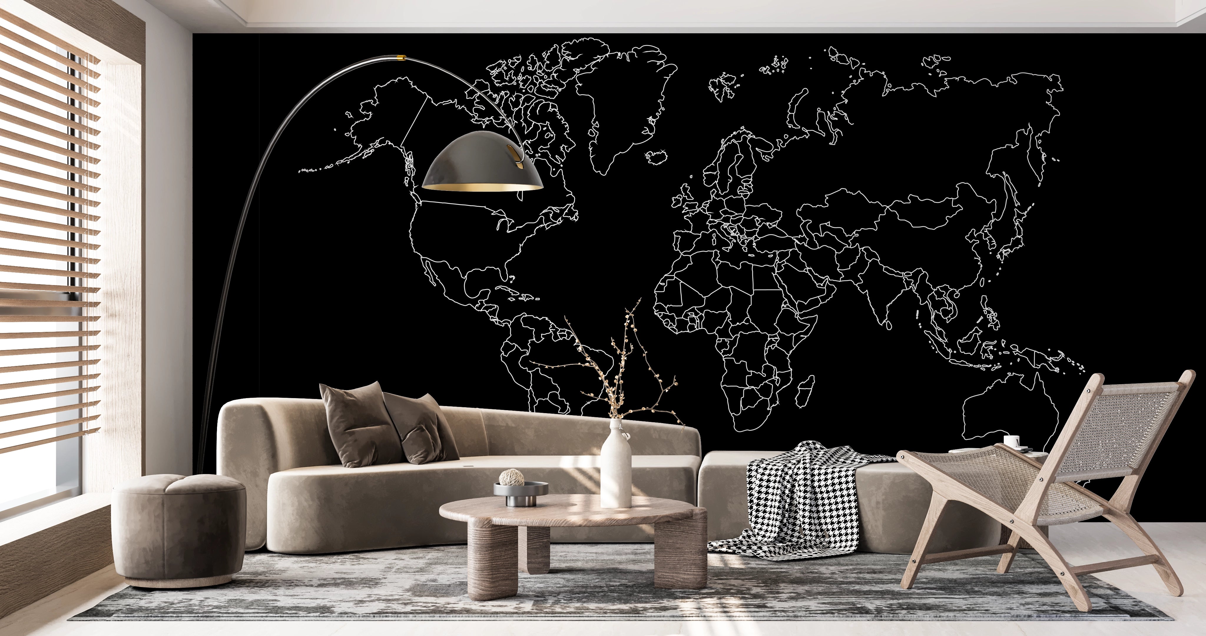 Black world map panoramic wallpaper