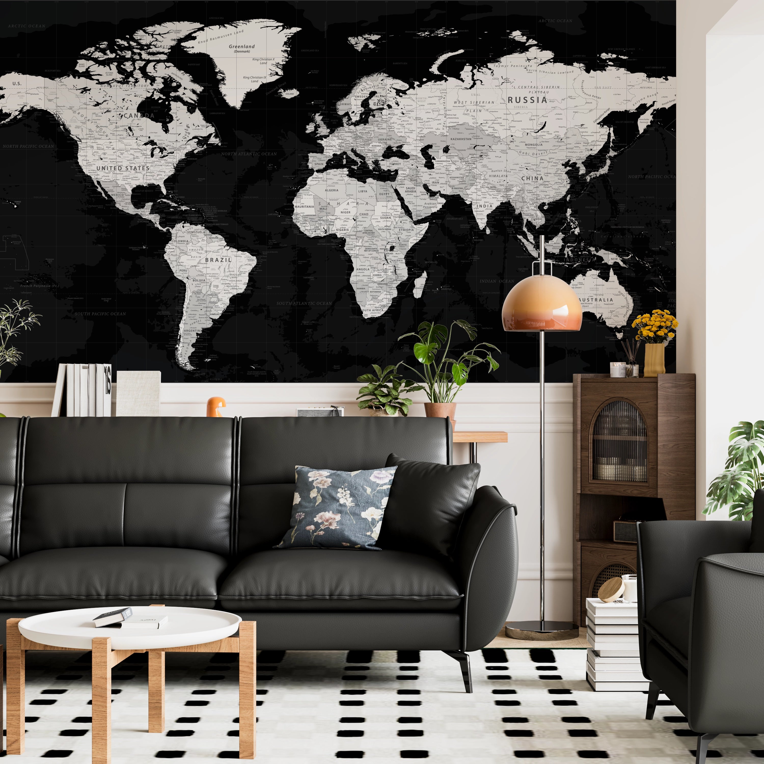 Black gray map panoramic wallpaper