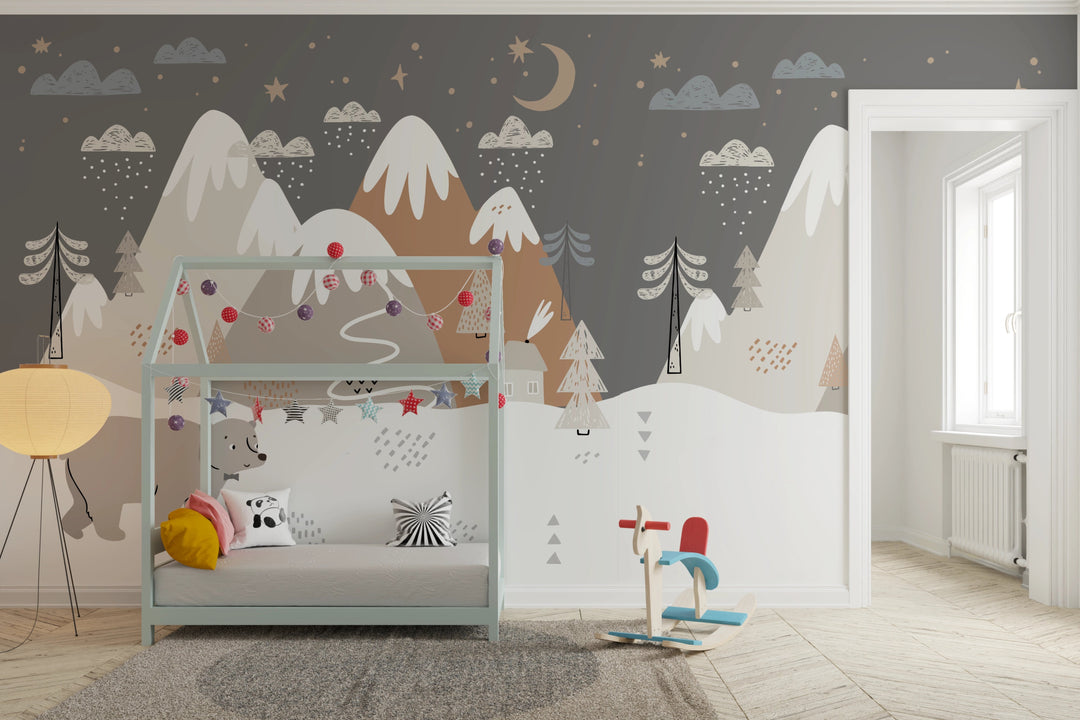 Papier Peint Panoramique Chambre Bébé Montagne Enneigée - Kam et Léon