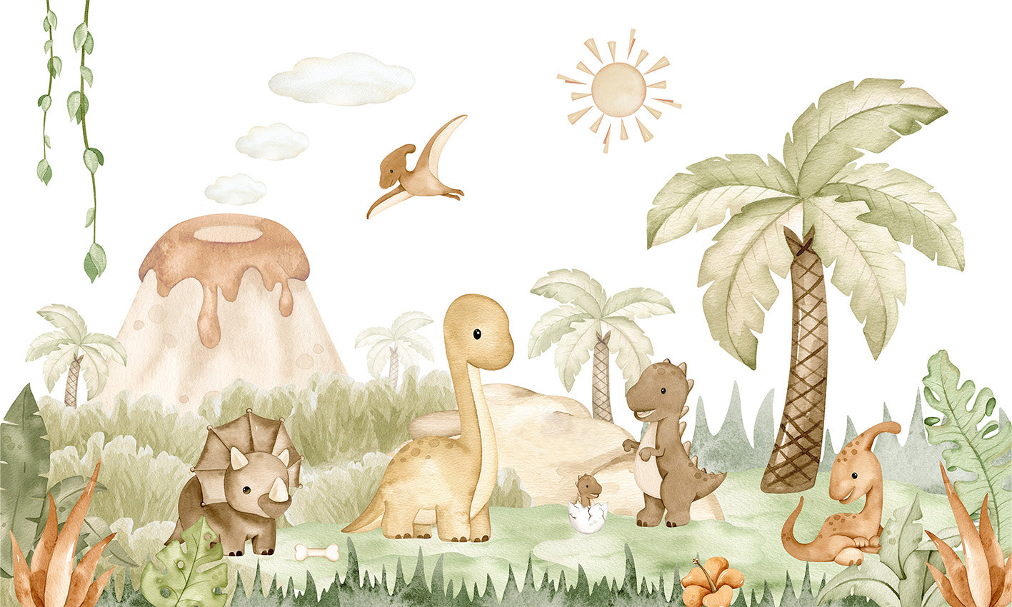 Papier Peint Panoramique Dinosaures Bébé et Volcan