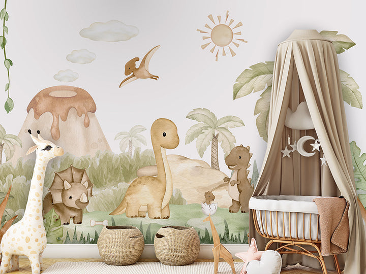 Papier Peint Panoramique Dinosaures Bébé et Volcan