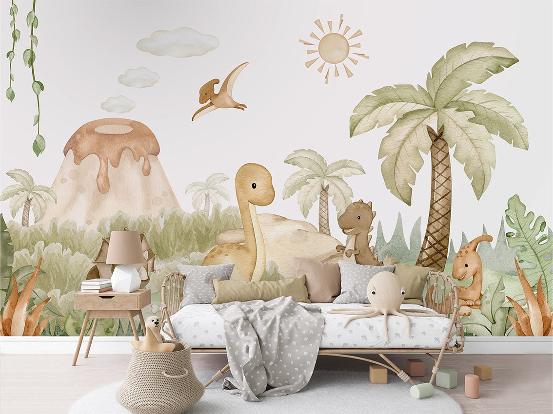 Papier Peint Panoramique Dinosaures Bébé et Volcan