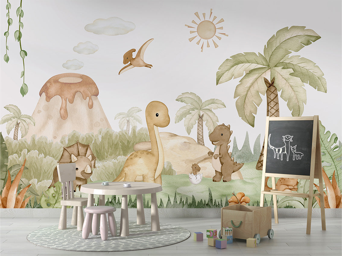 Papier Peint Panoramique Dinosaures Bébé et Volcan