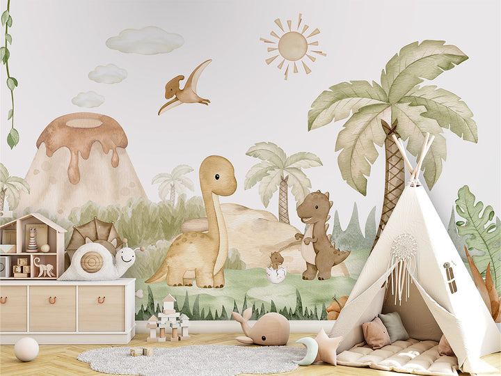 Papier Peint Panoramique Dinosaures Bébé et Volcan