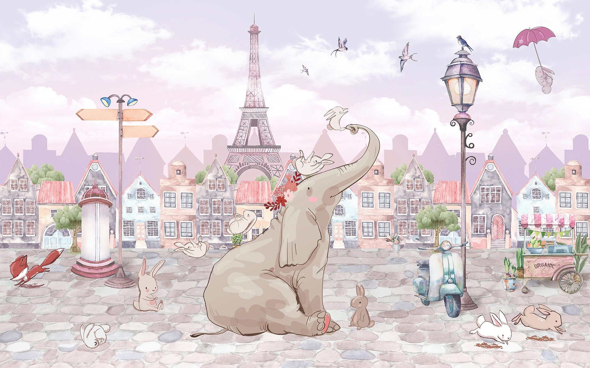 Elephant in Paris Panoramic Wallpaper