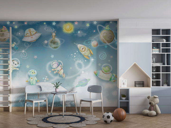 Papier Peint Panoramique Enfant Astronaute - Kam et Léon