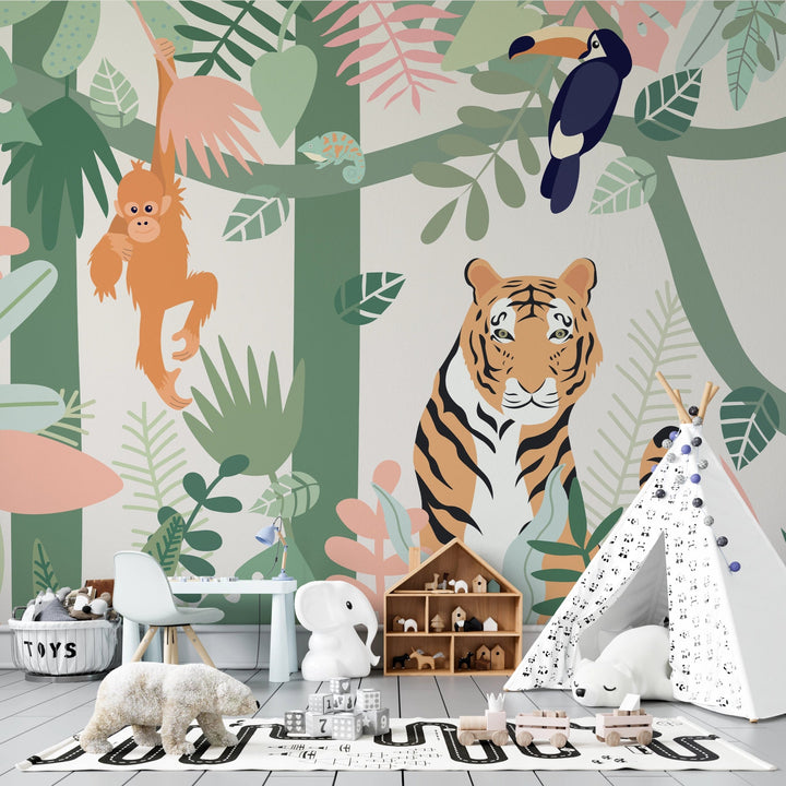 Papier Peint Panoramique Enfants Animaux de la Jungle - Kam & Leon