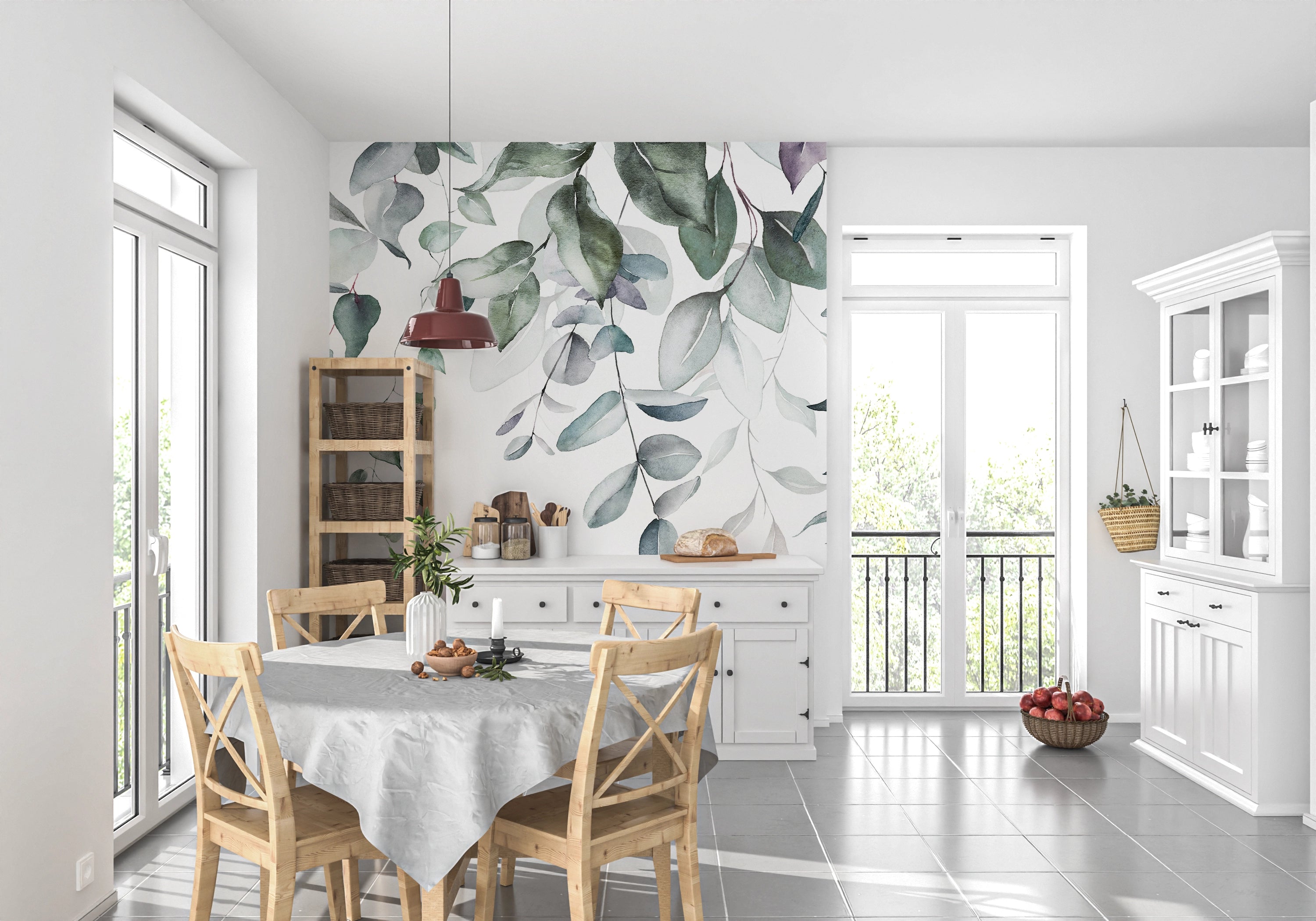 Watercolor eucalyptus panoramic wallpaper