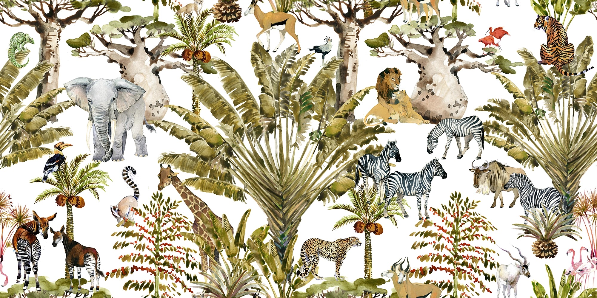 Panoramic wallpaper exotic leaves and animals