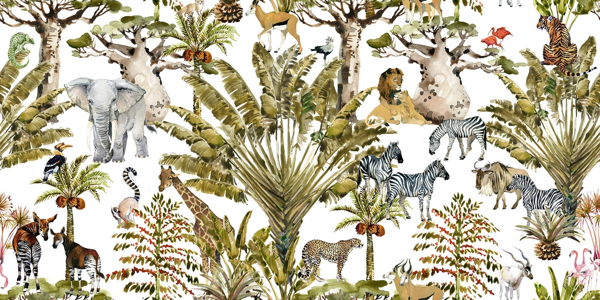 Papier peint panoramique feuilles exotiques et animaux - Kam et Léon