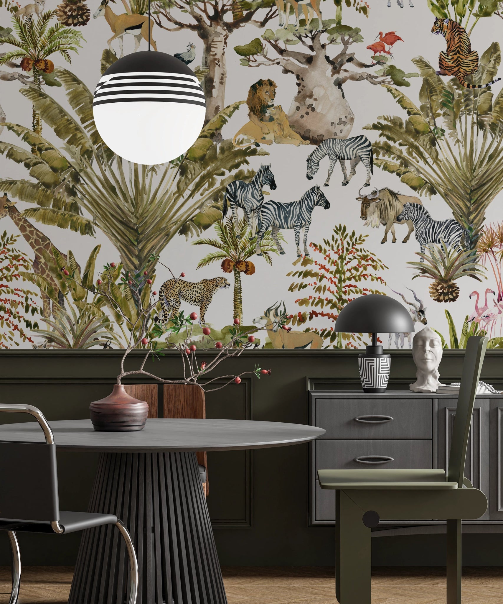 Papier peint panoramique feuilles exotiques et animaux