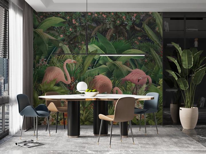 Papel pintado panorámico Flamencos Tropicales 