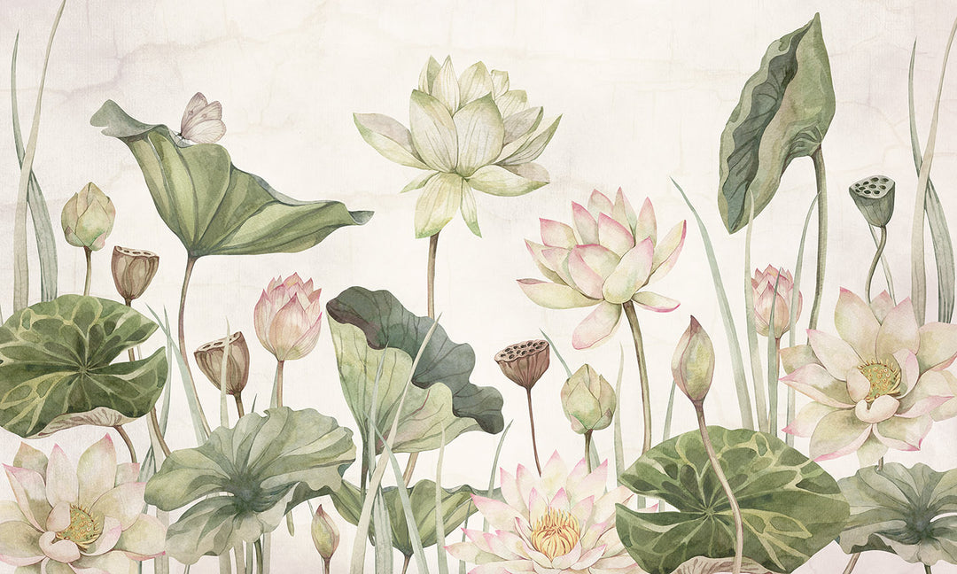 Papier Peint Panoramique Floral Lotus, Nénuphars et Eucalyptus