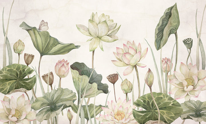 Papier Peint Panoramique Floral Lotus, Nénuphars et Eucalyptus