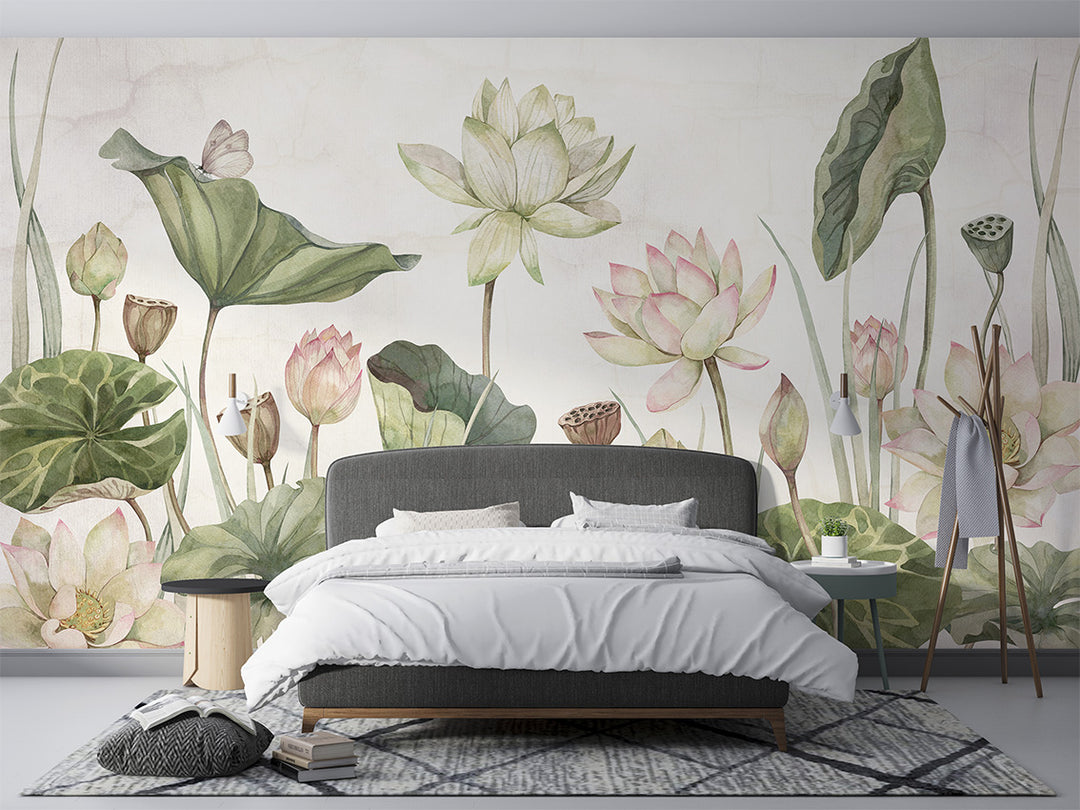 Papier Peint Panoramique Floral Lotus, Nénuphars et Eucalyptus