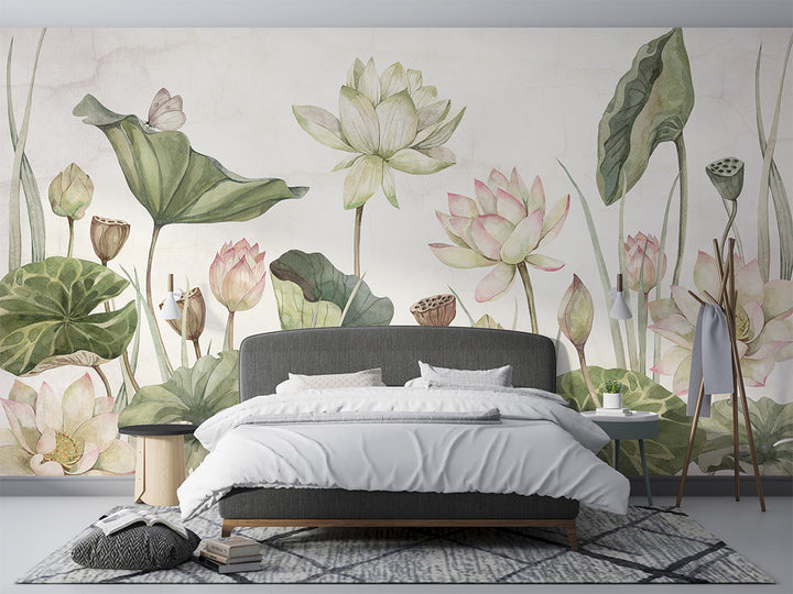 Papier Peint Panoramique Floral Lotus, Nénuphars et Eucalyptus