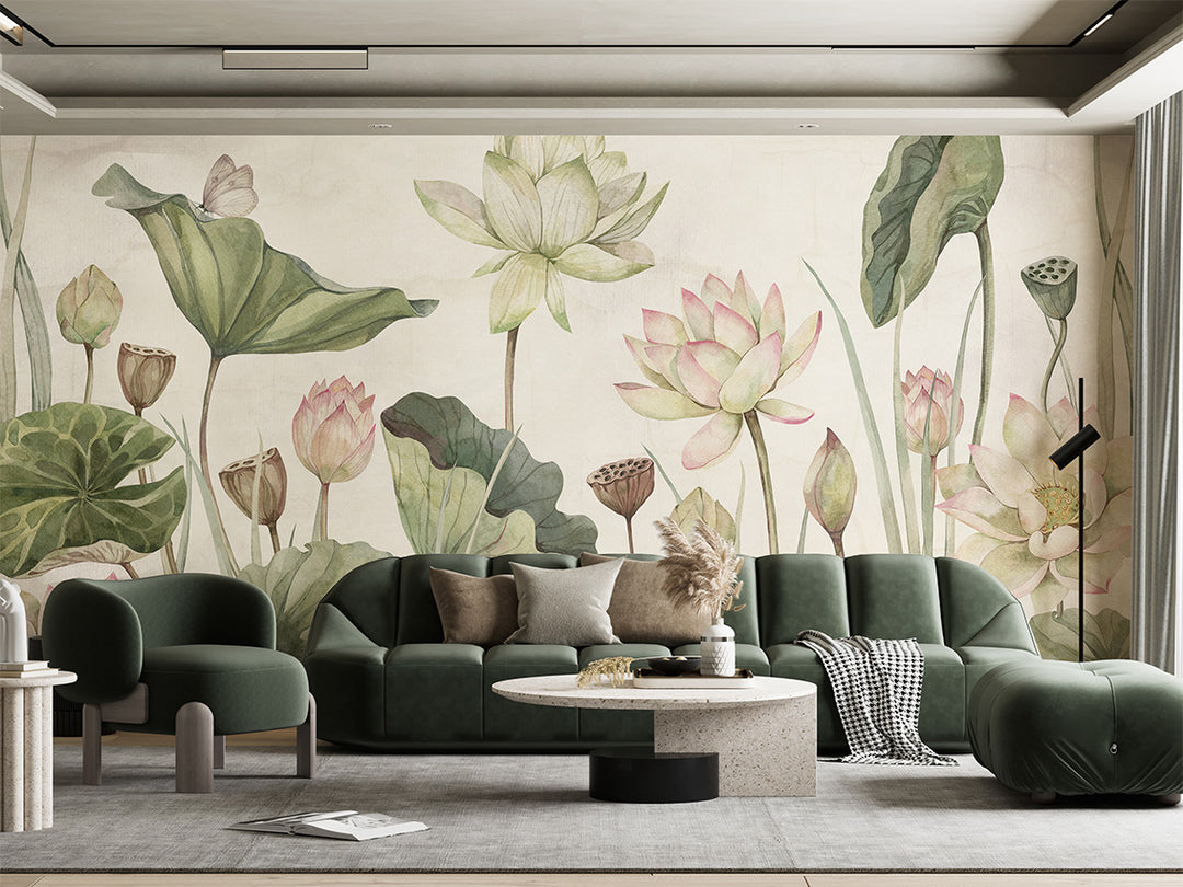 Papier Peint Panoramique Floral Lotus, Nénuphars et Eucalyptus