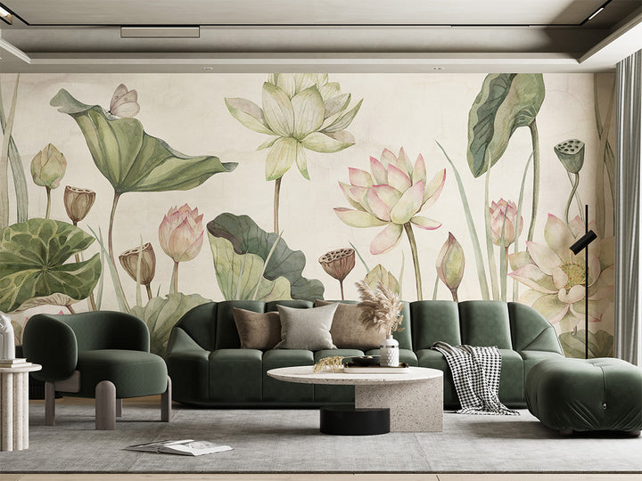 Papier Peint Panoramique Floral Lotus, Nénuphars et Eucalyptus