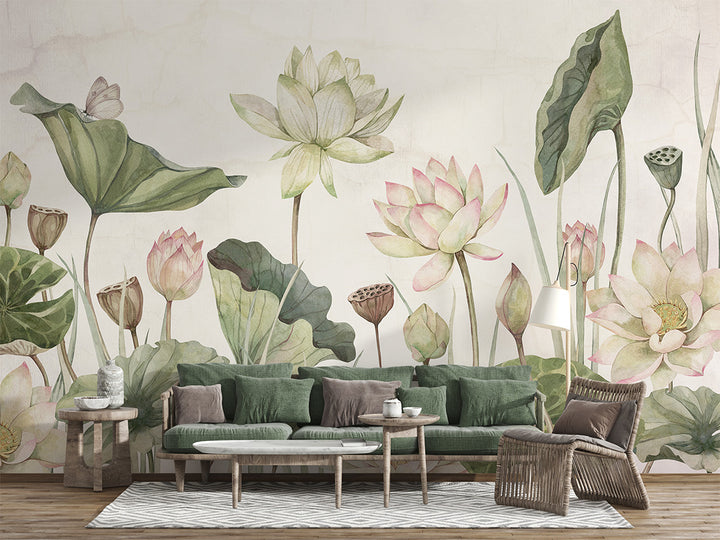 Papier Peint Panoramique Floral Lotus, Nénuphars et Eucalyptus