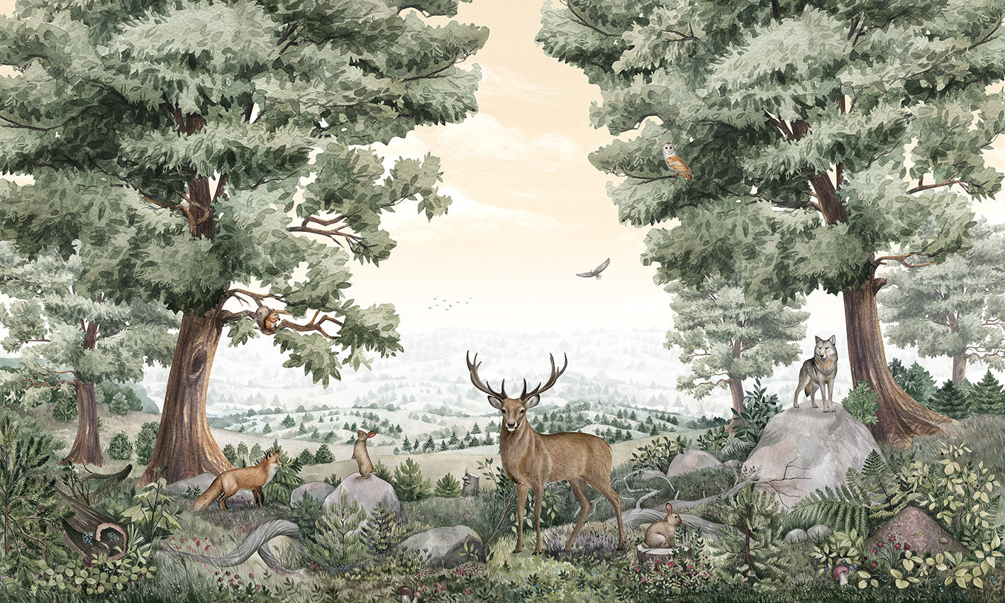 Papier Peint Panoramique Forêt Animaux Sauvages