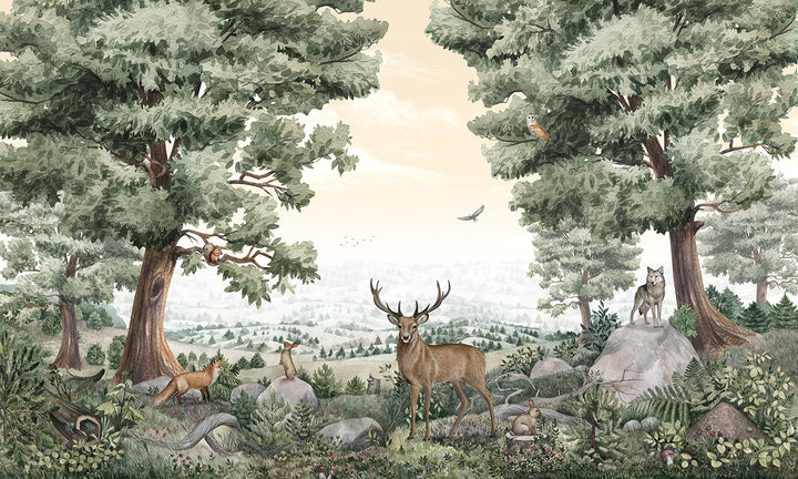 Papier Peint Panoramique Forêt Animaux Sauvages