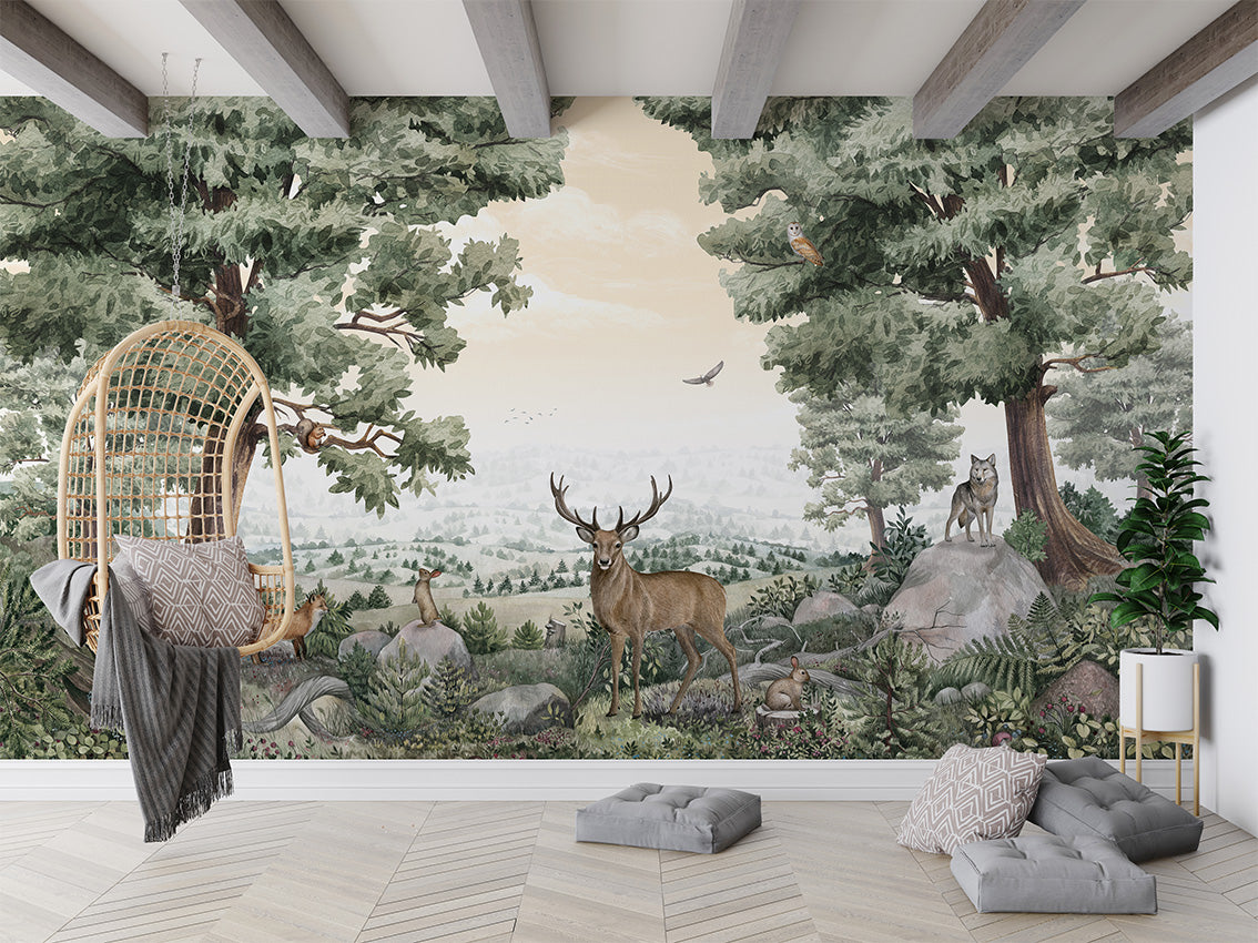Papier Peint Panoramique Forêt Animaux Sauvages
